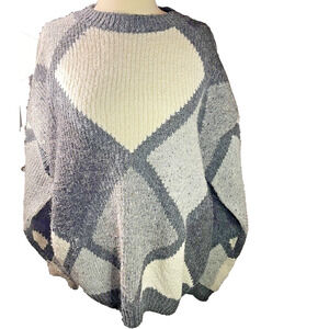 Vintage 80s Wool Sweater Large Diamond Gray Black Cream Unisex L